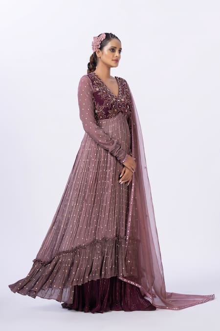 Merge Design Wine Chiffon, Georgette, Organza Embroidery, Sequins Applique Anarkali Set Online at Aza Fashions Merge Design_Wine Chiffon, Georgette, Organza Embroidery, Sequins Applique Anarkali Set _Online_at_Aza_Fashions