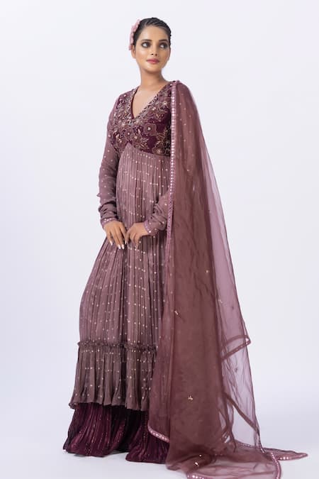 Buy Merge Design Wine Chiffon, Georgette, Organza Embroidery, Sequins Applique Anarkali Set Online at Aza Fashions Buy_Merge Design_Wine Chiffon, Georgette, Organza Embroidery, Sequins Applique Anarkali Set _Online_at_Aza_Fashions
