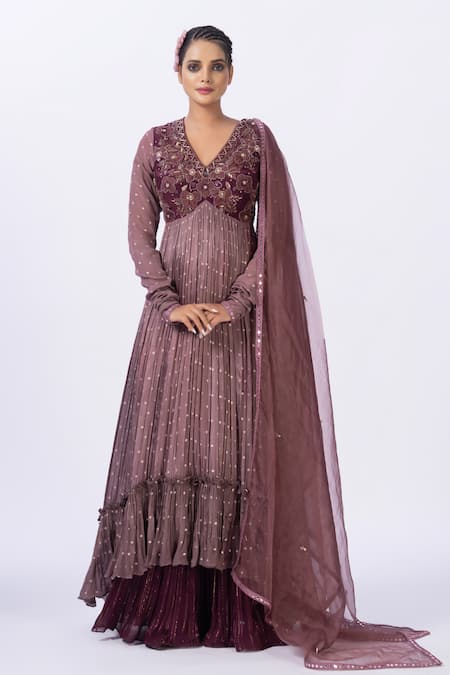 Merge Design Wine Chiffon, Georgette, Organza Embroidery, Sequins Applique Anarkali Set 