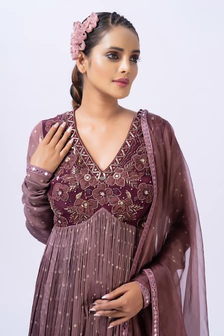 Shop Merge Design Wine Chiffon, Georgette, Organza Embroidery, Sequins Applique Anarkali Set Online at Aza Fashions Shop_Merge Design_Wine Chiffon, Georgette, Organza Embroidery, Sequins Applique Anarkali Set _Online_at_Aza_Fashions