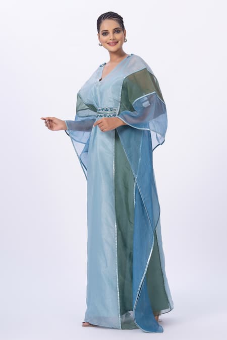 Merge Design Blue Chiffon Mirrors V-neck Embroidered Kaftan Online at Aza Fashions Merge Design_Blue Chiffon Mirrors V-neck Embroidered Kaftan _Online_at_Aza_Fashions