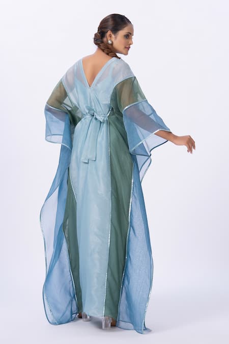 Merge Design Blue Chiffon Mirror Embroidered Kaftan 