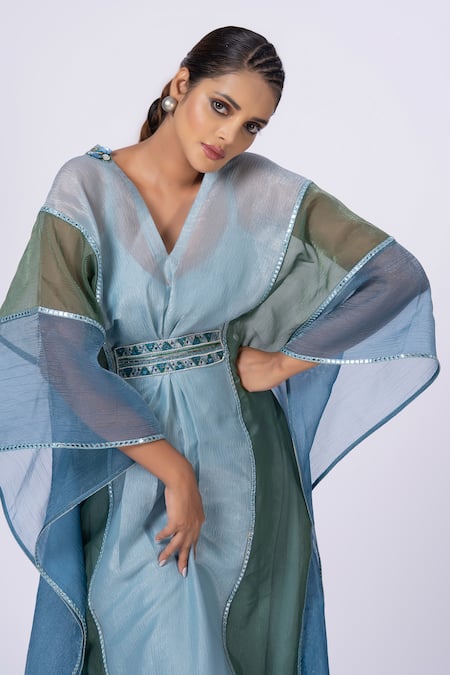 Shop Merge Design Blue Chiffon Mirrors V-neck Embroidered Kaftan Online at Aza Fashions Shop_Merge Design_Blue Chiffon Mirrors V-neck Embroidered Kaftan _Online_at_Aza_Fashions