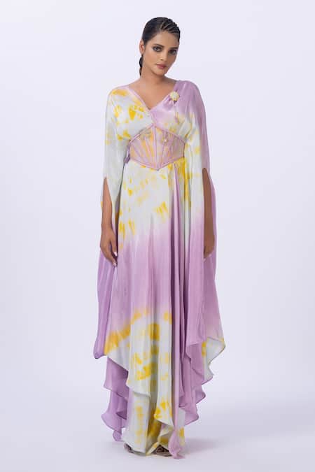 Merge Design Purple Modal, Satin V-neck Tie-dye Kaftan With Corset Belt Online at Aza Fashions Merge Design_Purple Modal, Satin V-neck Tie-dye Kaftan With Corset Belt _Online_at_Aza_Fashions