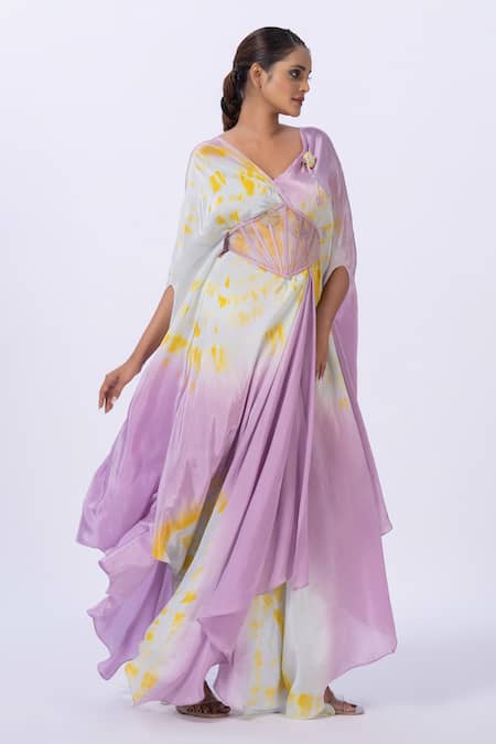 Merge Design Purple Modal, Satin V-neck Tie-dye Kaftan With Corset Belt 