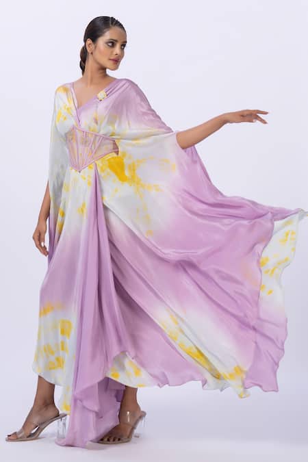 Buy Merge Design Purple Modal, Satin V-neck Tie-dye Kaftan With Corset Belt Online at Aza Fashions Buy_Merge Design_Purple Modal, Satin V-neck Tie-dye Kaftan With Corset Belt _Online_at_Aza_Fashions