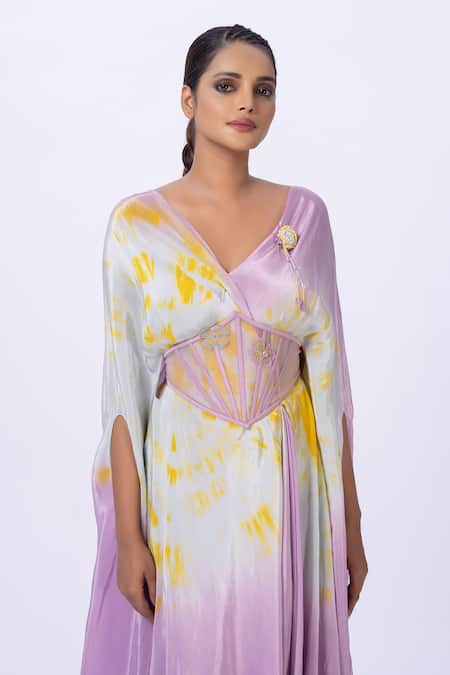 Shop Merge Design Purple Modal, Satin V-neck Tie-dye Kaftan With Corset Belt Online at Aza Fashions Shop_Merge Design_Purple Modal, Satin V-neck Tie-dye Kaftan With Corset Belt _Online_at_Aza_Fashions