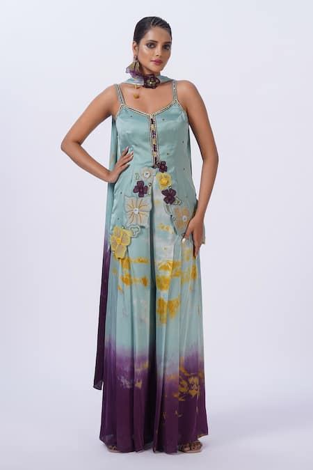 Merge Design Green Modal, Satin Applique, Mirrors Open Neck Work Kurta Set 