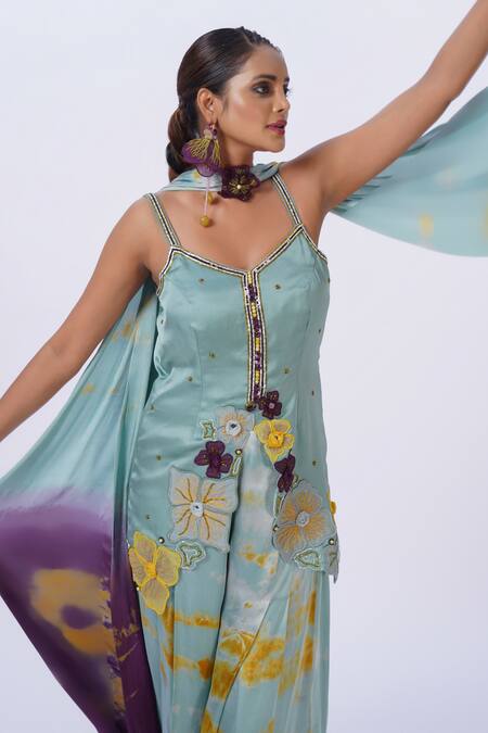 Shop_Merge Design_Green Modal, Satin Applique, Mirrors Open Neck Work Kurta Set _Online_at_Aza_Fashions