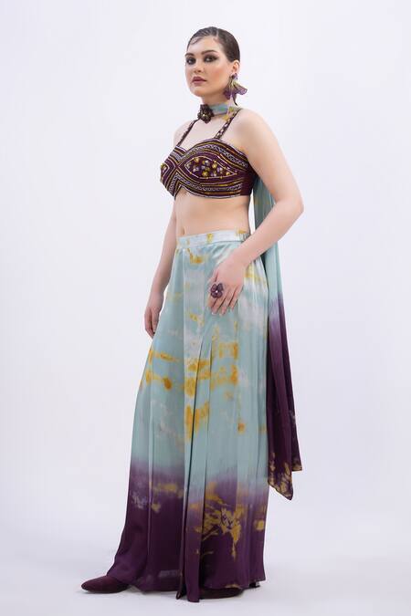 Merge Design Wine Modal, Satin Sequins Embroidered Crop Top Set Online at Aza Fashions Merge Design_Wine Modal, Satin Sequins Embroidered Crop Top Set _Online_at_Aza_Fashions