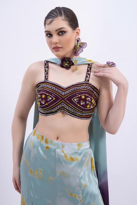 Buy Merge Design Wine Modal, Satin Sequins Embroidered Crop Top Set Buy_Merge Design_Wine Modal, Satin Sequins Embroidered Crop Top Set