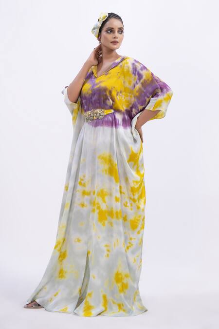 Merge Design Modal, Satin Embroidery V-neck Tie-dye Kaftan Online at Aza Fashions Merge Design_Modal, Satin Embroidery V-neck Tie-dye Kaftan _Online_at_Aza_Fashions
