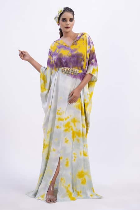 Merge Design Multi Color Modal, Satin Embroidery V-neck Tie-dye Kaftan 
