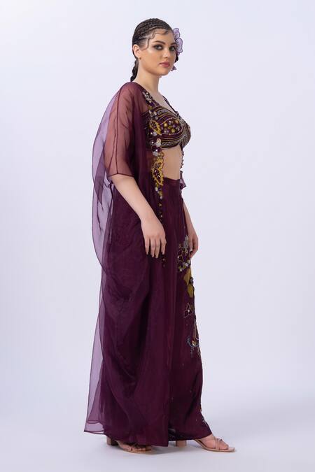 Merge Design Wine Modal, Satin, Organza, Chiffon Sequins, Embroidery Blouse And Pant Set Online at Aza Fashions Merge Design_Wine Modal, Satin, Organza, Chiffon Sequins, Embroidery Blouse And Pant Set _Online_at_Aza_Fashions