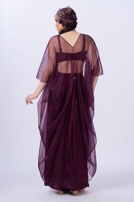 Merge Design Wine Sequin Embroidered Blouse & Pant Set 