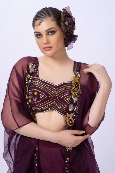 Shop Merge Design Wine Modal, Satin, Organza, Chiffon Sequins, Embroidery Blouse And Pant Set Online at Aza Fashions Shop_Merge Design_Wine Modal, Satin, Organza, Chiffon Sequins, Embroidery Blouse And Pant Set _Online_at_Aza_Fashions