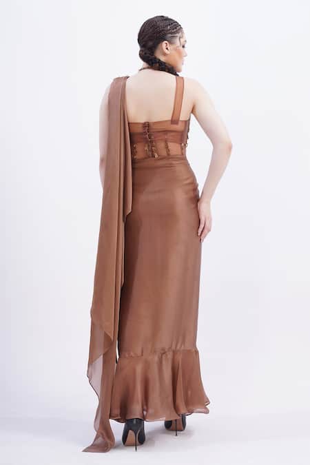 Merge Design Beige Sequin Embroidered Saree Set 