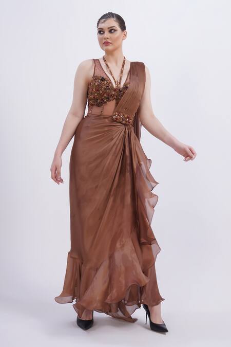Buy Merge Design Brown Chiffon, Organza Sequins, Stones Plunge Neck Beige Embroidered Saree Set Online at Aza Fashions Buy_Merge Design_Brown Chiffon, Organza Sequins, Stones Plunge Neck Beige Embroidered Saree Set _Online_at_Aza_Fashions