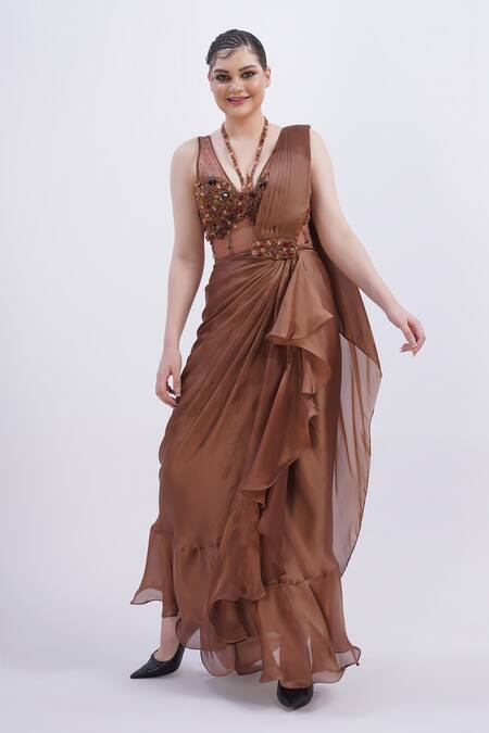 Shop Merge Design Brown Chiffon, Organza Sequins, Stones Plunge Neck Beige Embroidered Saree Set Online at Aza Fashions Shop_Merge Design_Brown Chiffon, Organza Sequins, Stones Plunge Neck Beige Embroidered Saree Set _Online_at_Aza_Fashions