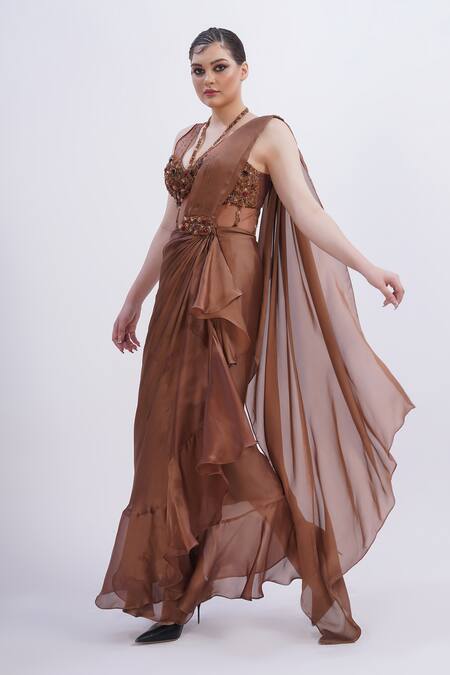 Merge Design Brown Chiffon, Organza Sequins, Stones Plunge Neck Beige Embroidered Saree Set at Aza Fashions Merge Design_Brown Chiffon, Organza Sequins, Stones Plunge Neck Beige Embroidered Saree Set _at_Aza_Fashions