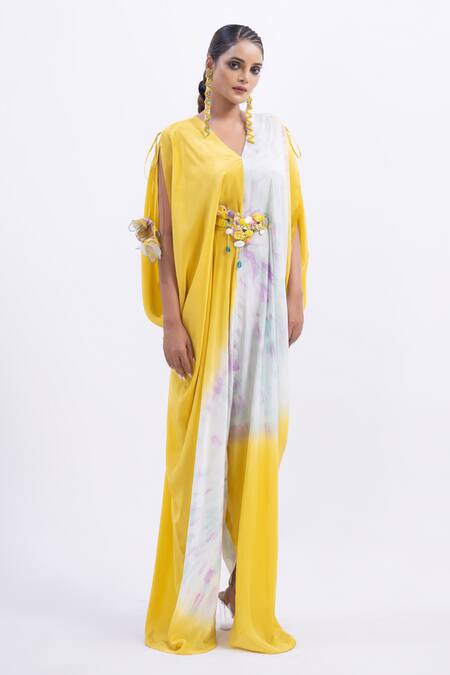 Merge Design Multi Color Modal, Satin Embroidery V-neck Kaftan With Belt Online at Aza Fashions Merge Design_Multi Color Modal, Satin Embroidery V-neck Kaftan With Belt _Online_at_Aza_Fashions