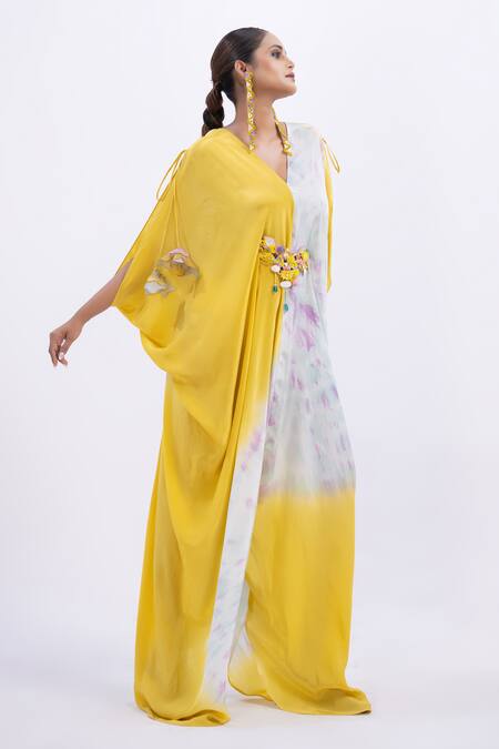 Buy Merge Design Multi Color Modal, Satin Embroidery V-neck Kaftan With Belt Online at Aza Fashions Buy_Merge Design_Multi Color Modal, Satin Embroidery V-neck Kaftan With Belt _Online_at_Aza_Fashions
