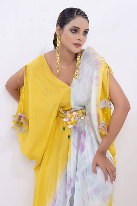 Shop Merge Design Multi Color Modal, Satin Embroidery V-neck Kaftan With Belt Online at Aza Fashions Shop_Merge Design_Multi Color Modal, Satin Embroidery V-neck Kaftan With Belt _Online_at_Aza_Fashions