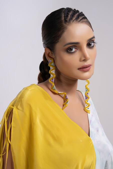 Merge Design Multi Color Modal, Satin Embroidery V-neck Kaftan With Belt at Aza Fashions Merge Design_Multi Color Modal, Satin Embroidery V-neck Kaftan With Belt _at_Aza_Fashions