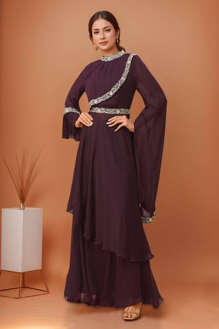 Samyukta Singhania Wine Chiffon Embroidery, Sequins High Neck Asymmetric Hem Tunic And Skirt Set