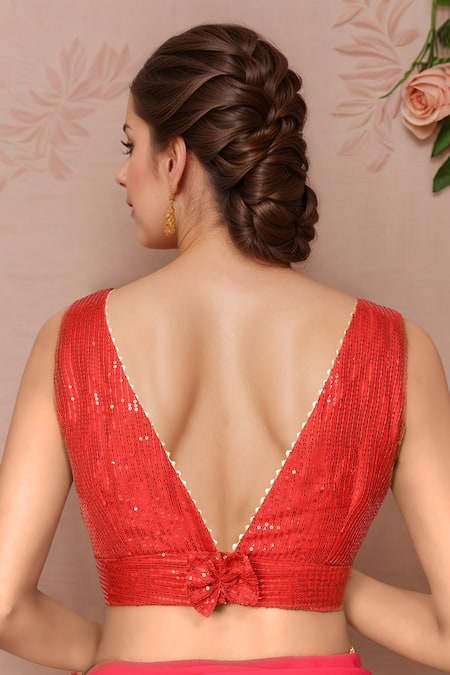 Shop Samyukta Singhania Red Georgette, Linen Sequins Plunge Neck Blouse at Aza Fashions Shop_Samyukta Singhania_Red Georgette, Linen Sequins Plunge Neck Blouse _at_Aza_Fashions
