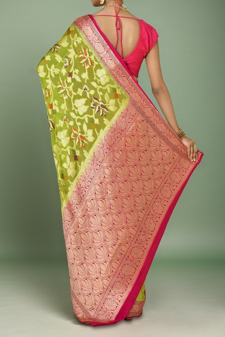 Shop Samyukta Singhania Green Chiffon, Georgette Botanical Woven Saree With Running Blouse at Aza Fashions Shop_Samyukta Singhania_Green Chiffon, Georgette Botanical Woven Saree With Running Blouse _at_Aza_Fashions