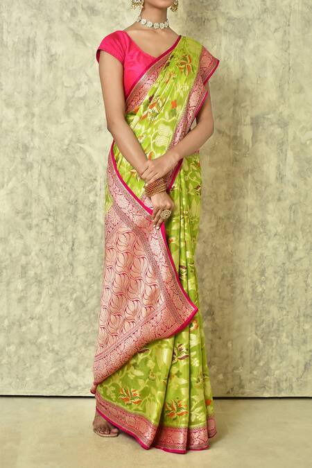 Buy Samyukta Singhania Green Chiffon, Georgette Botanical Woven Saree With Running Blouse Online at Aza Fashions Buy_Samyukta Singhania_Green Chiffon, Georgette Botanical Woven Saree With Running Blouse _Online_at_Aza_Fashions
