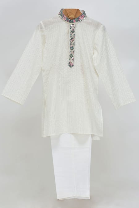MINIME ORGANICS Off White Cotton, Lurex Embroidery Designer Kurta Set 