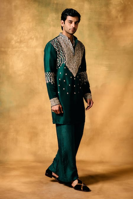 Mukti And Kavith Casa_Green Kota Doria, Silk Sequins, Embroidery Emerald Kora Kurta Palazzo Set _Online_at_Aza_Fashions