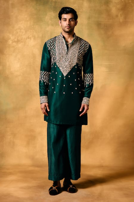 Mukti And Kavith Casa Emerald Kora Silk Kurta Palazzo Set 