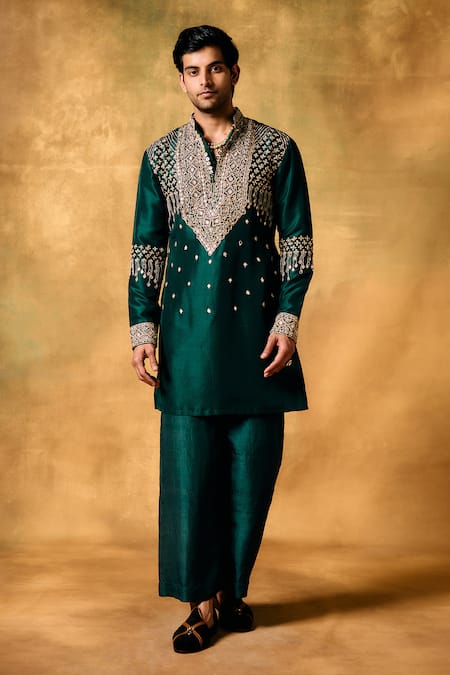 MUKTI AND KAVITH CASA Green Kota Doria, Silk Sequins, Embroidery Emerald Kora Kurta Palazzo Set 