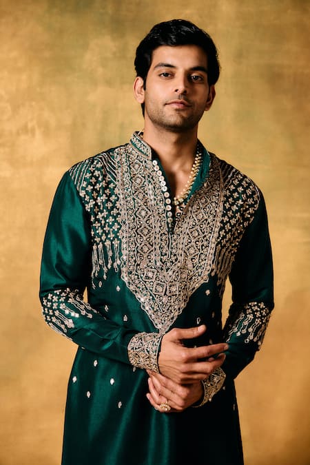 Buy_Mukti And Kavith Casa_Green Kota Doria, Silk Sequins, Embroidery Emerald Kora Kurta Palazzo Set _Online_at_Aza_Fashions