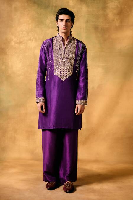 Mukti And Kavith Casa_Purple Silk Embroidery Royal Dusk Kurta Set _Online_at_Aza_Fashions