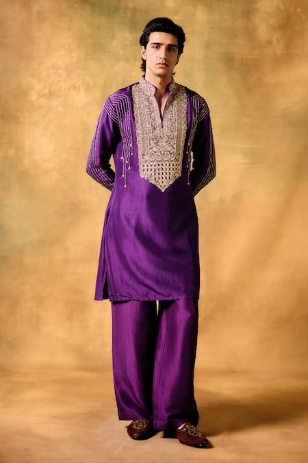 Buy_Mukti And Kavith Casa_Purple Silk Embroidery Royal Dusk Kurta Set _Online_at_Aza_Fashions