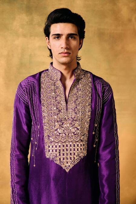 Shop_Mukti And Kavith Casa_Purple Silk Embroidery Royal Dusk Kurta Set _Online_at_Aza_Fashions