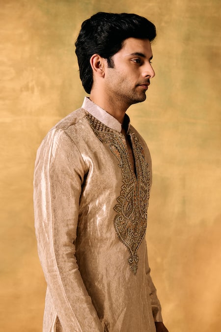 Mukti And Kavith Casa_Gold Tissue Embroidery Majesty Kurta Set _Online_at_Aza_Fashions