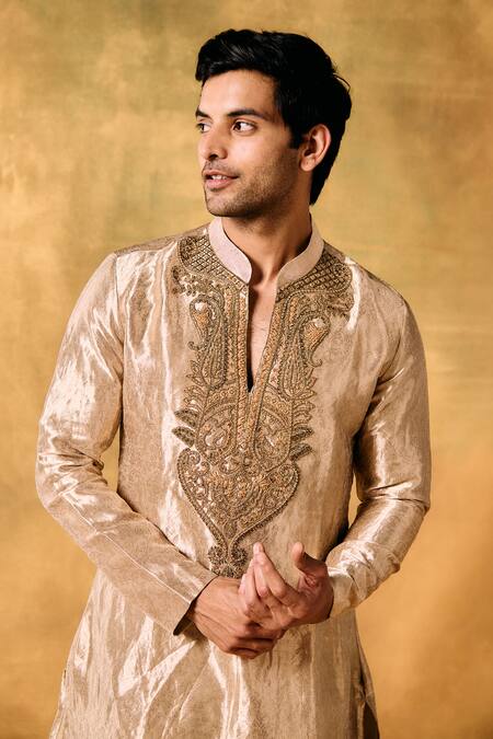 Buy_Mukti And Kavith Casa_Gold Tissue Embroidery Majesty Kurta Set _Online_at_Aza_Fashions