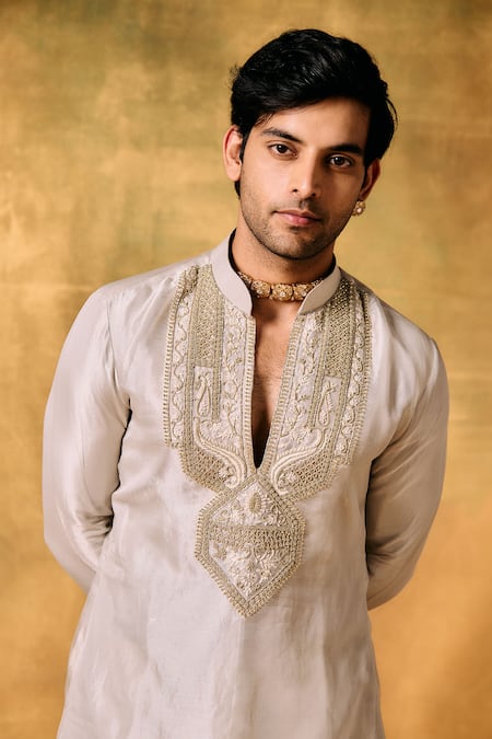 Mukti And Kavith Casa_Ivory Tissue Embroidery Elegance Kurta Pant Set _Online_at_Aza_Fashions