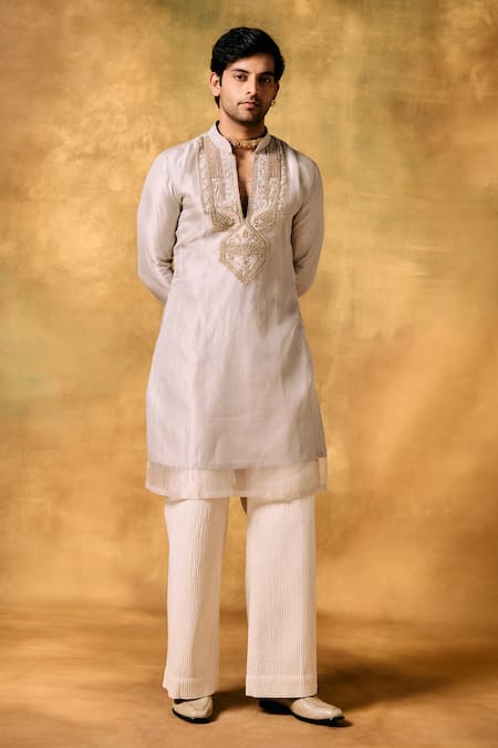 Buy_Mukti And Kavith Casa_Ivory Tissue Embroidery Elegance Kurta Pant Set _Online_at_Aza_Fashions