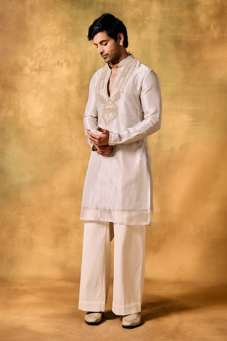 Shop_Mukti And Kavith Casa_Ivory Tissue Embroidery Elegance Kurta Pant Set _Online_at_Aza_Fashions