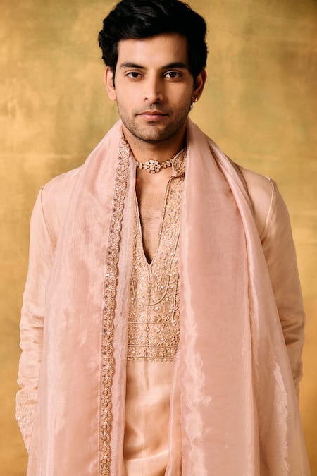 Mukti And Kavith Casa Pink Tissue Embroidery Sunset Bloom Kurta Set Online at Aza Fashions Mukti And Kavith Casa_Pink Tissue Embroidery Sunset Bloom Kurta Set _Online_at_Aza_Fashions