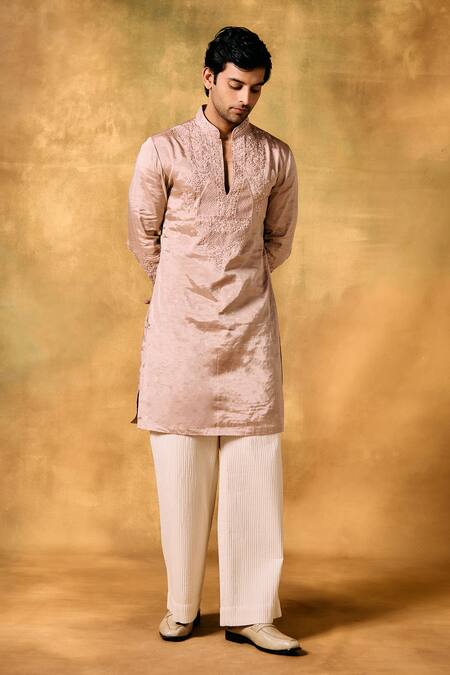 Mukti And Kavith Casa_Pink Tissue Embroidery Blush Bloom Kurta Set _Online_at_Aza_Fashions
