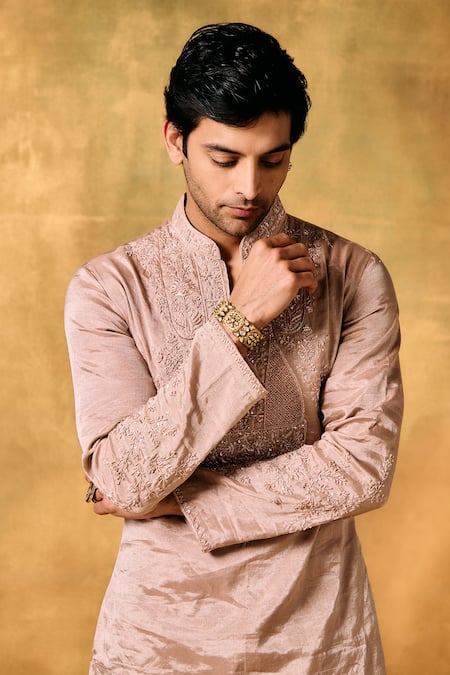 Buy_Mukti And Kavith Casa_Pink Tissue Embroidery Blush Bloom Kurta Set _Online_at_Aza_Fashions