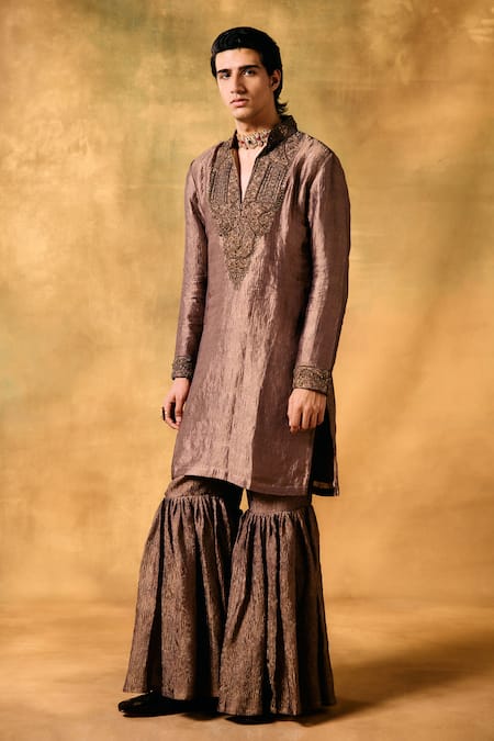 Mukti And Kavith Casa_Brown Tissue Embroidery Designer Tan Kurta Sharara Set _Online_at_Aza_Fashions