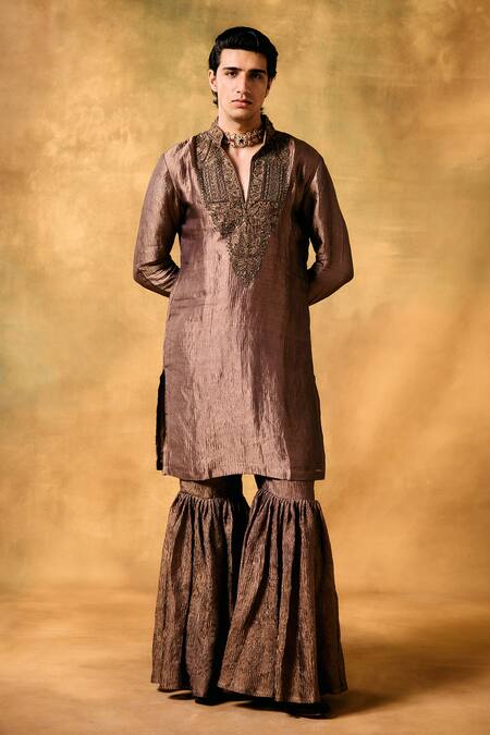 Buy_Mukti And Kavith Casa_Brown Tissue Embroidery Designer Tan Kurta Sharara Set _Online_at_Aza_Fashions